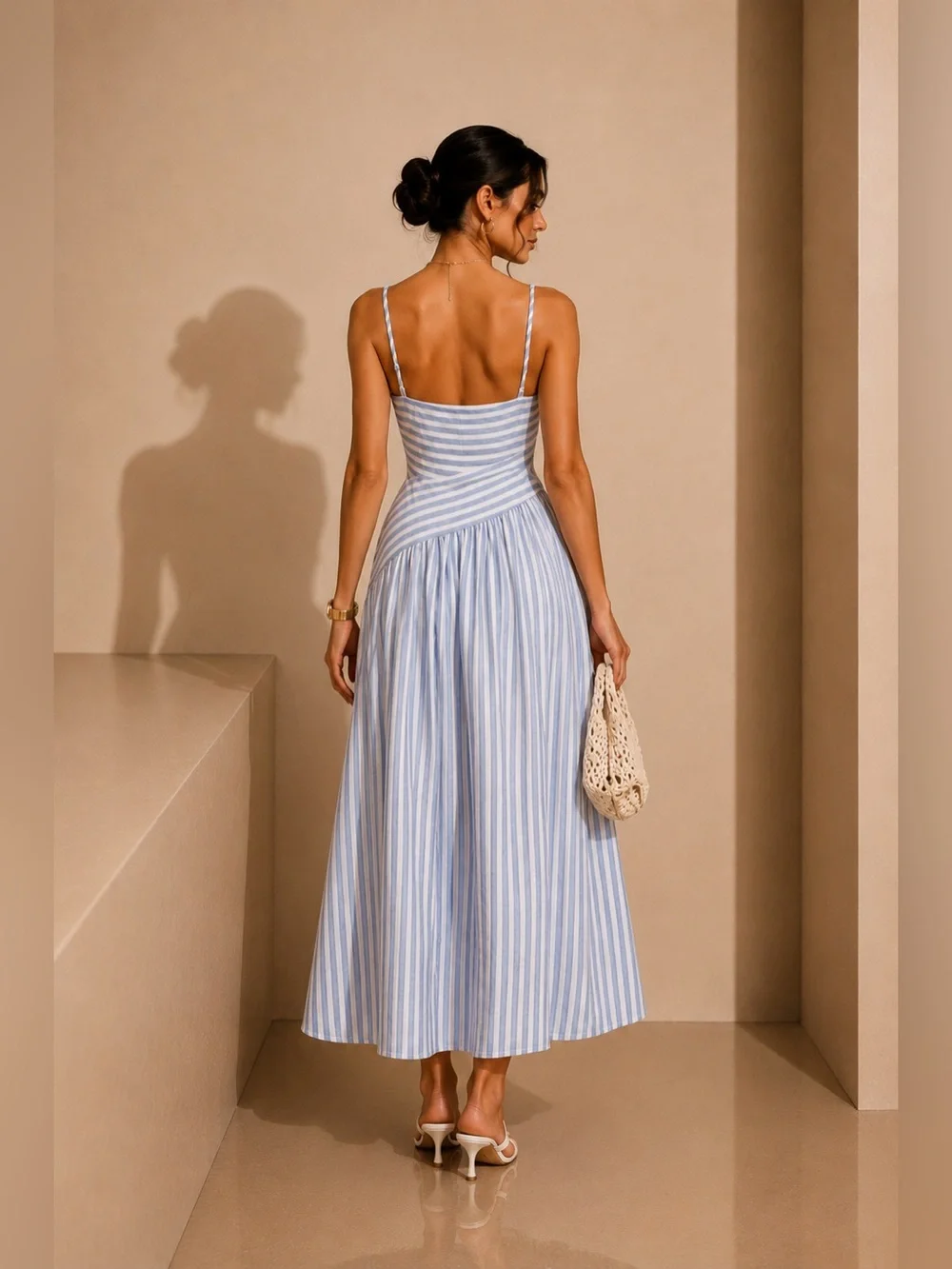 Commense Blue and White Striped One-Shoulder Cutout Midi Dress - Picture 2 of 5